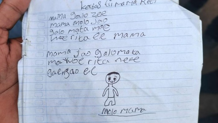 Tulisan tangan YBS (10), siswa kelas IV pada salah satu sekolah dasar di Kabupaten Ngada, Nusa Tenggara Timur (NTT), sebelum ditemukan tewas gantung diri. (Liputan6.com)